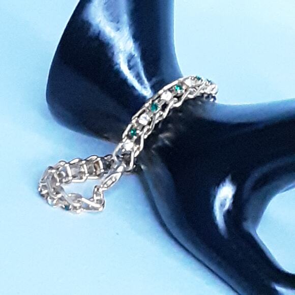 Gold Tone Chain Link Bracelet String Of Green Clear Rhinestones Lobster Clasp - Picture 2 of 10